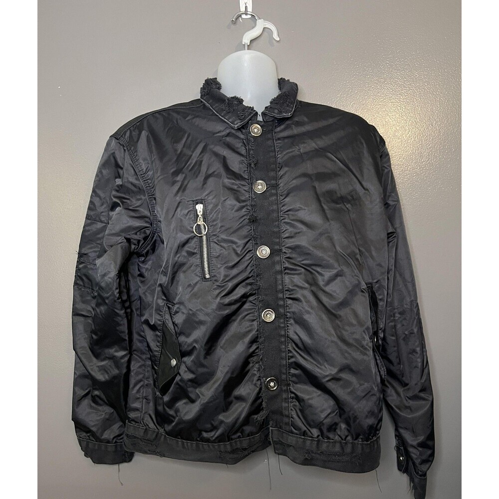 DNM Collection Jacket Mens Medium Black Nylon Bomber Frayed Trim Zip Pockets